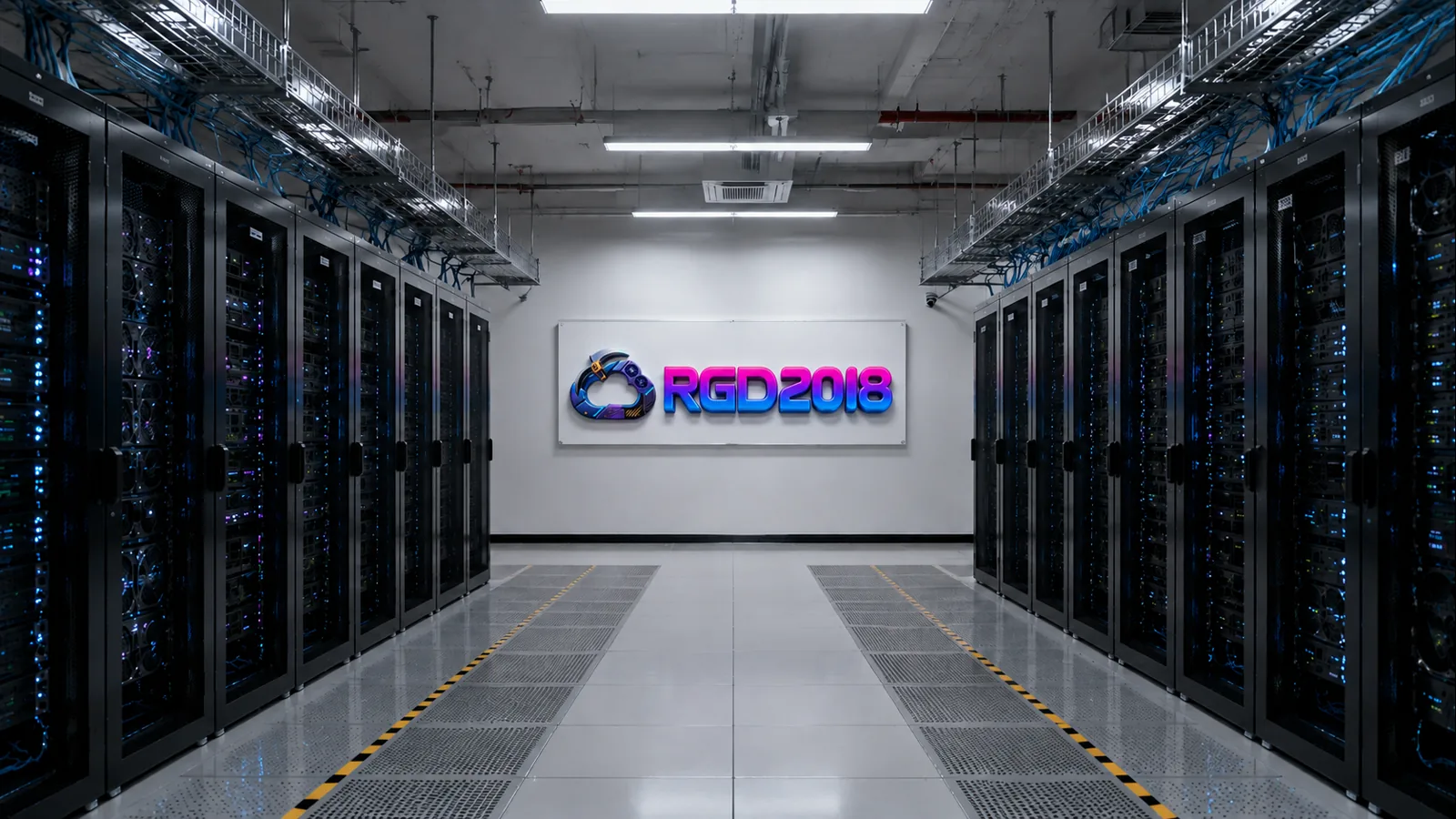 RGD2018 Bitcoin cloud mining data center with rows of server racks