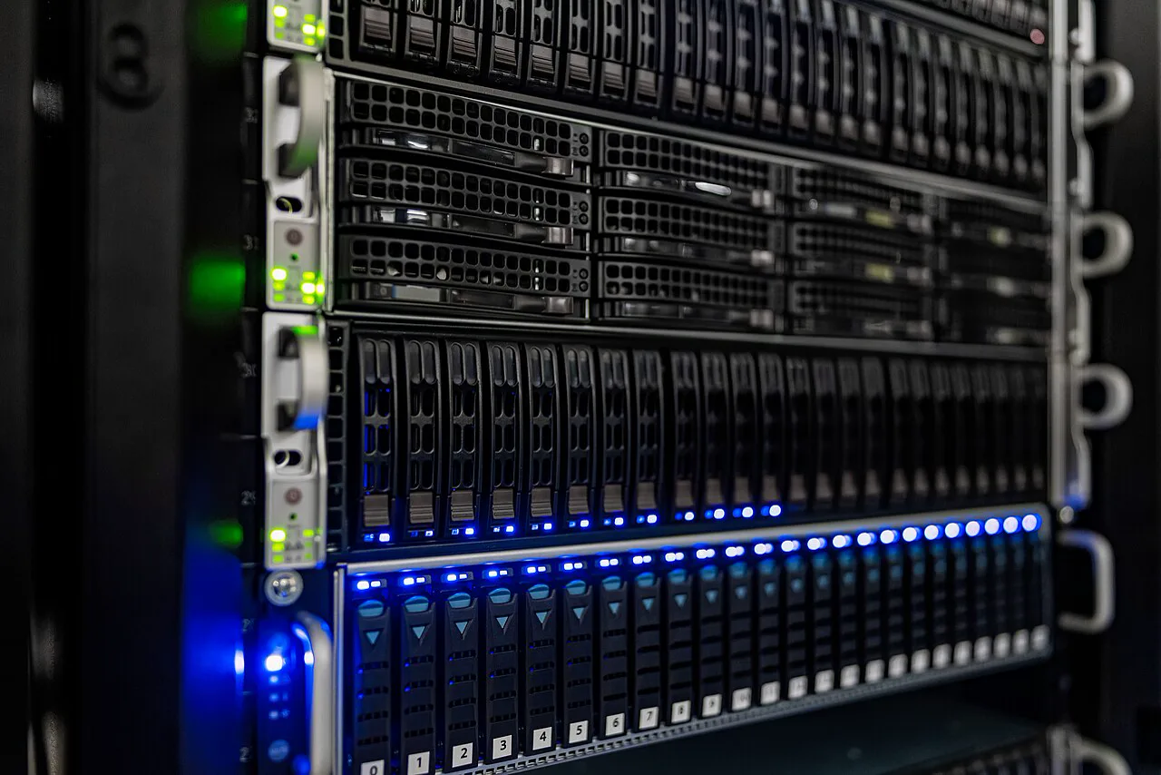 Short cloud mining aisle built from several professional ASIC server racks